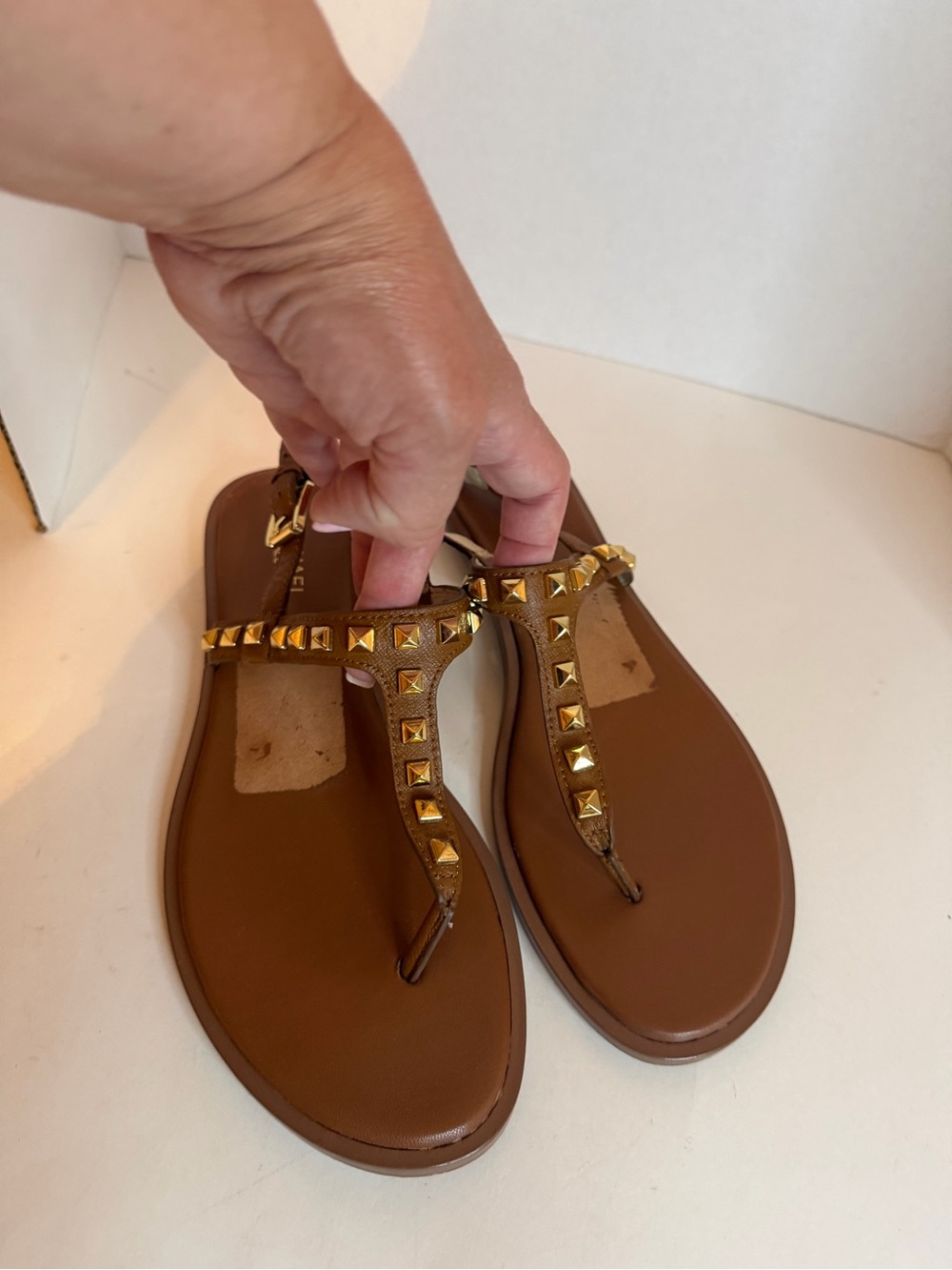 Michael Kors T‑Strap Sandals with Gold Studs